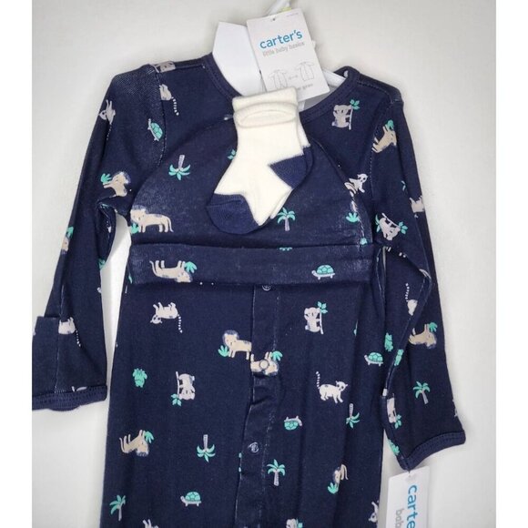 CARTER'S LITTLE BABY SLEEP & PLAY GOWN /BODYSUIT HAT SOCKS NAVY BLUE SIZE 3M - Picture 2 of 11